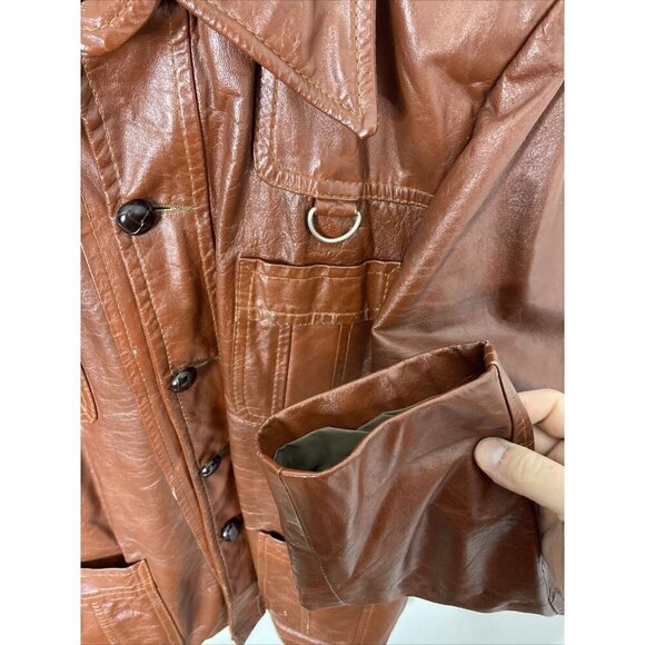 Vintage Rice Sports Wear 70s Men 42 Brown Leather Hipster Mod Disco Plaid Coat - Picture 6 of 12